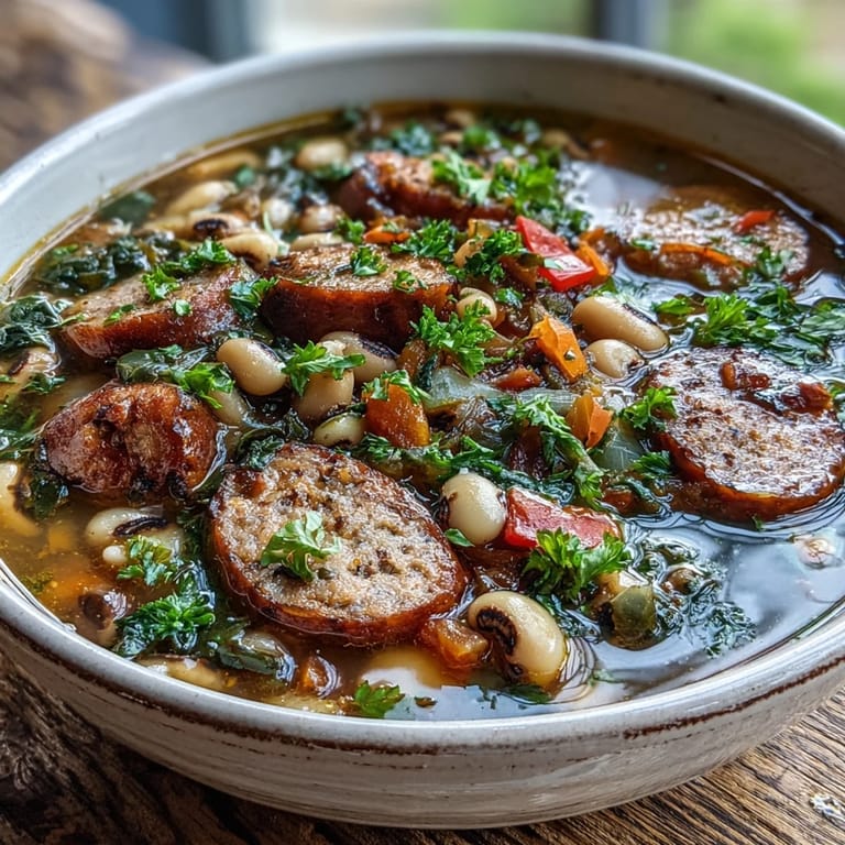 Serving of savory Black-Eyed Peas and Sausage Soup in a white bowl, ready to eat with a spoon.