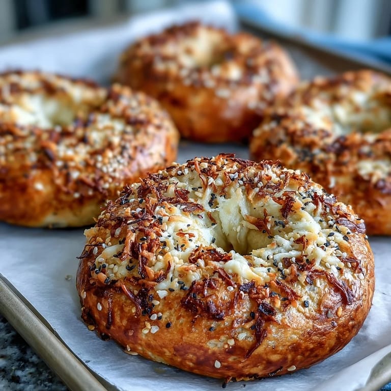 Four warm Greek Yogurt Bagels topped with sesame seeds and shredded cheese, ready to serve for a healthy breakfast.