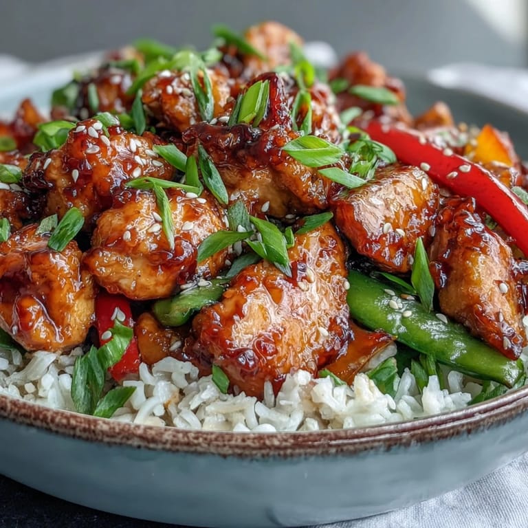 A close-up of tender Spicy Sweet Chicken Diablo with crunchy sugar snap peas and sliced red onion in a wok.