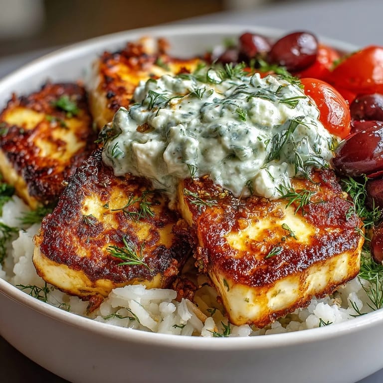 Close-up of a Greek Halloumi Power Bowl with salty seared cheese and colorful Mediterranean vegetables.