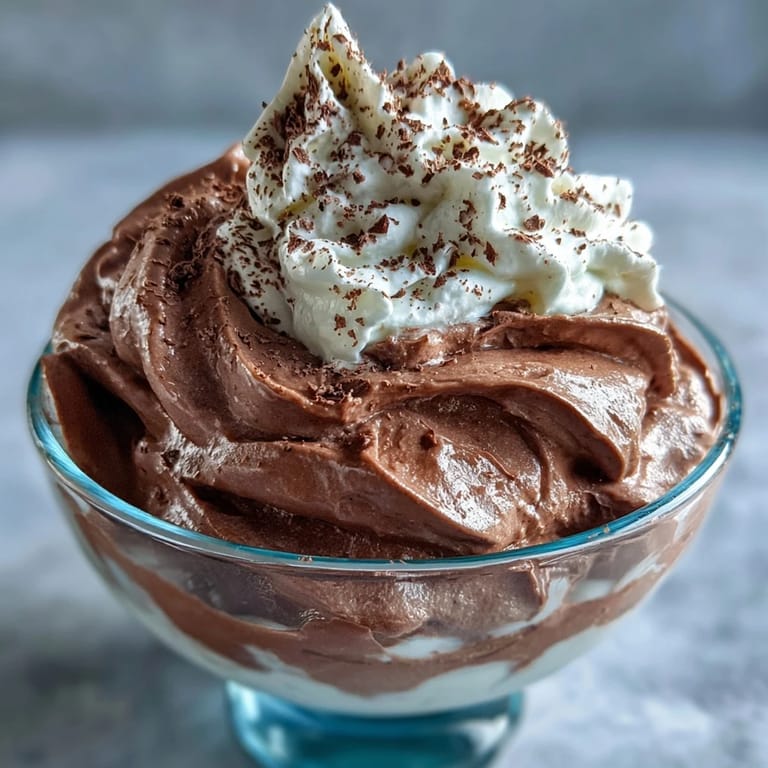 Rich and fluffy chocolate protein fluff in a glass, showing a thick and airy texture perfect for a low-calorie dessert.