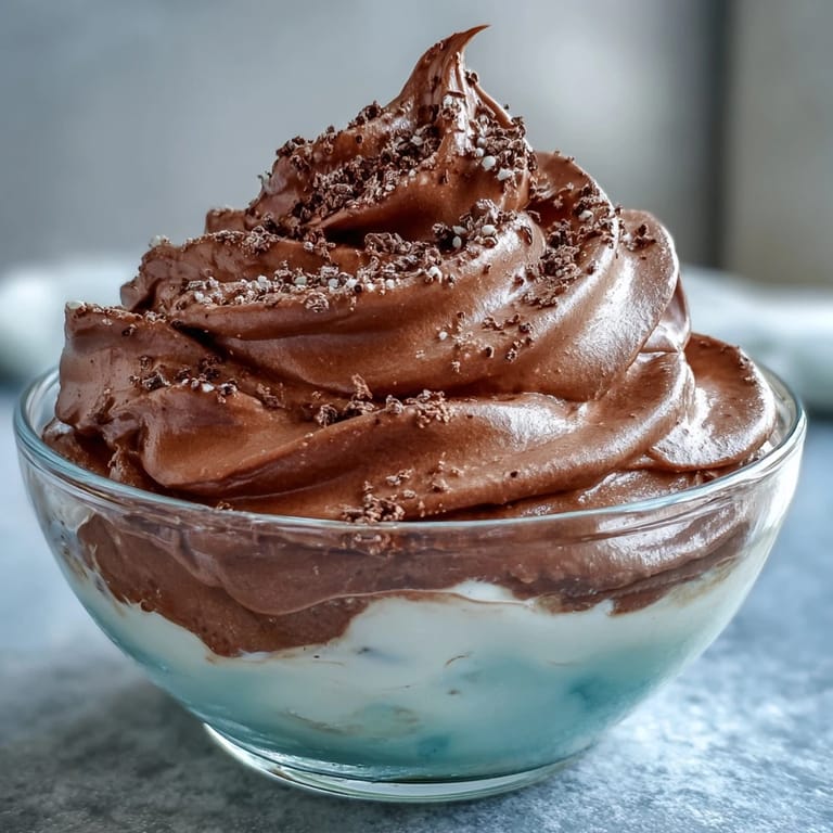 Bowl of chocolate protein fluff garnished with berries and a spoon, ready to enjoy as a quick high-protein snack.