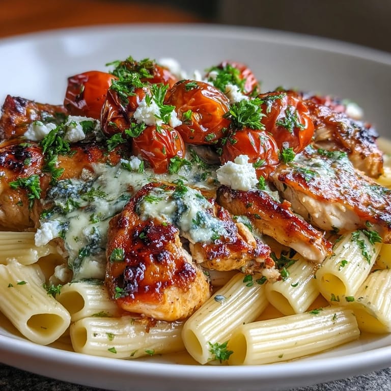 Overhead view of roasted garlic and feta chicken pasta plated with lemon wedges and a sprinkle of feta cheese.