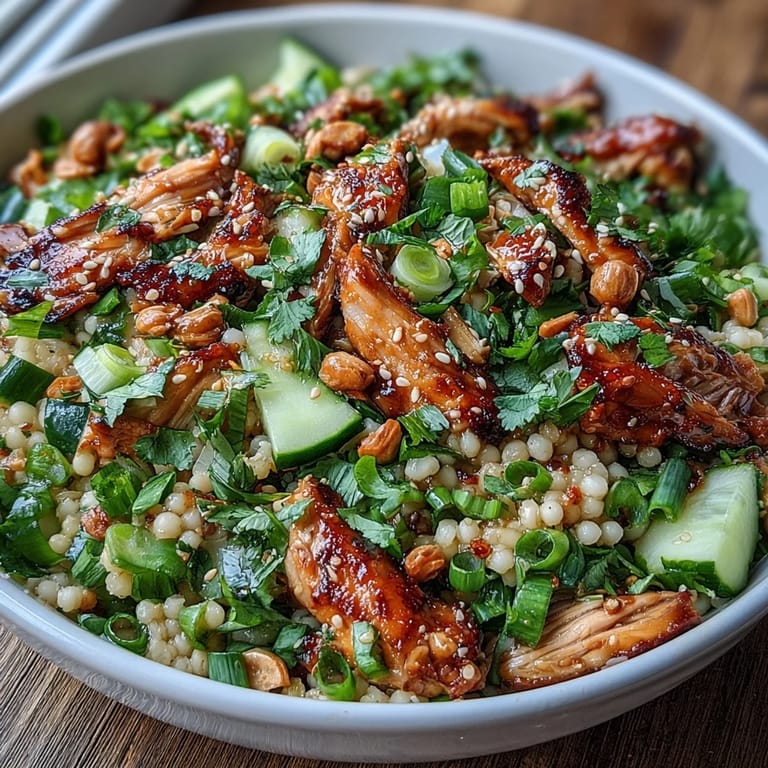 Bright serving bowl of Asian Sesame Chicken Couscous Salad featuring tender chicken, crunchy cucumbers, scallions, and cilantro tossed in a glossy sesame-soy dressing, topped with toasted sesame seeds.