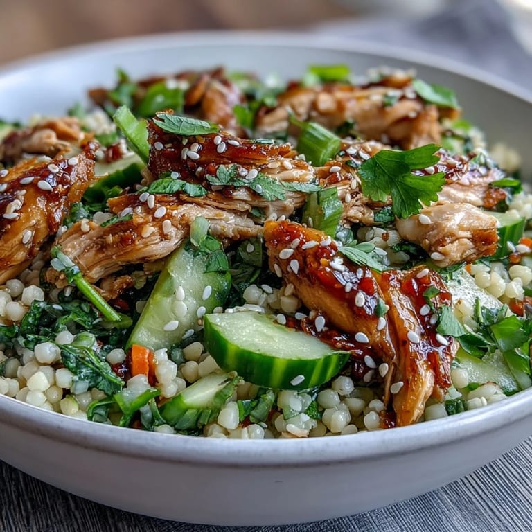 Close-up overhead shot of Asian Sesame Chicken Couscous Salad in a white bowl, showcasing fluffy couscous pearls, succulent chicken, and vibrant green cucumbers with glistening sesame dressing.