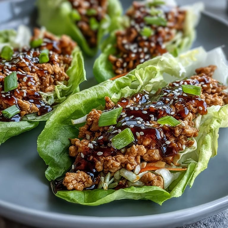 Close-up of Potsticker-Inspired Chicken Lettuce Boats, showcasing juicy ground chicken and a vibrant dipping sauce for a low-carb meal.