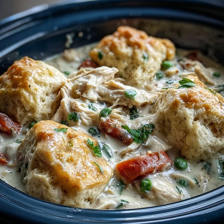 A rustic cast-iron skillet filled with Slow Cooker Ranch Chicken & Dumplings, garnished with fresh parsley, ready to be served for dinner.