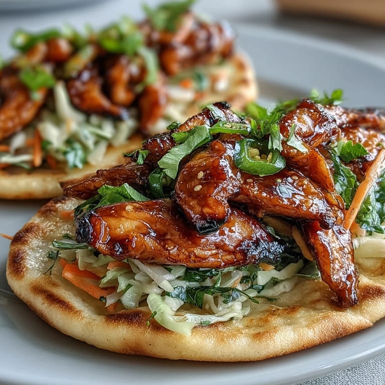 Fluffy garlic naan is stuffed with sticky glazed chicken and creamy lime slaw for fusion flavor.