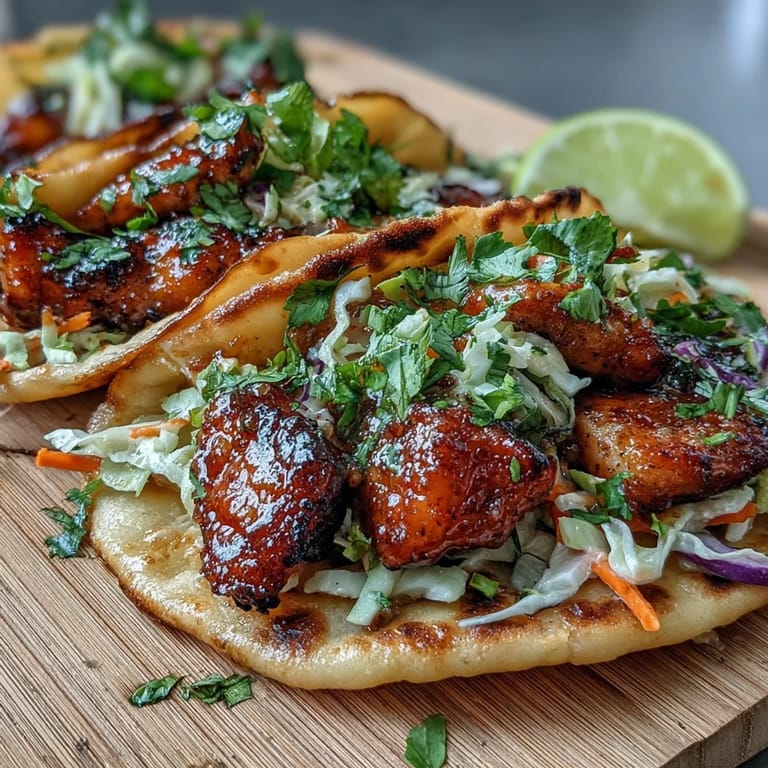 Fusion Indian-Mexican chicken tacos made with tender glazed thighs and crunchy slaw on garlic naan.