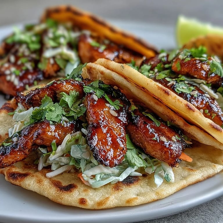 Golden honey-garlic chicken tacos nestled in soft naan, garnished with cilantro and fresh lime wedges.