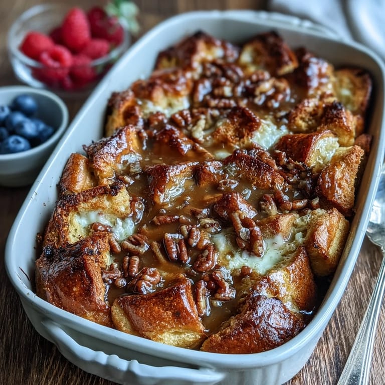 This baked overnight Caramel Cream Cheese French Toast Casserole pairs creamy cheese filling with soft bread cubes.