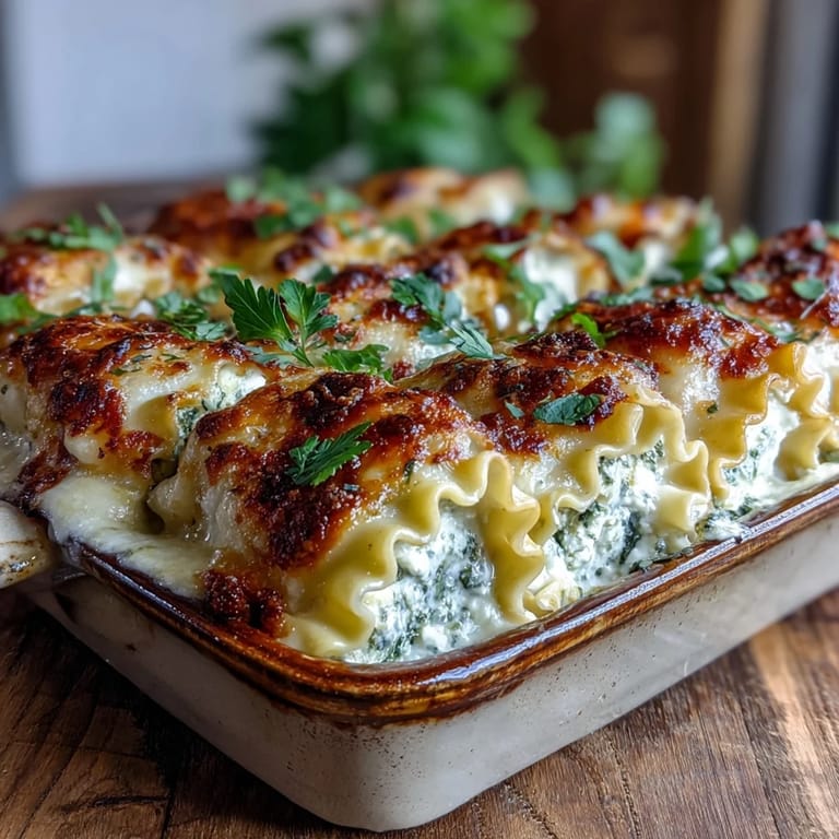 Freshly baked Garlic Butter Lasagna Roll-Ups topped with melted mozzarella and fresh parsley in a baking dish.
