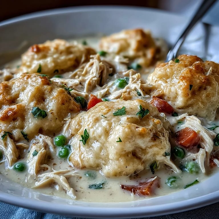 Family-style Slow Cooker Ranch Chicken & Dumplings served in a rustic bowl, highlighting fluffy dumplings and a creamy, savory ranch-infused gravy.
