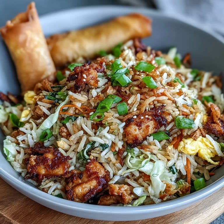 Fork-ready Crispy Chicken Fried Rice with Egg Roll Flavors displaying vibrant cabbage, carrots, and scrambled egg ribbons for dinner.  