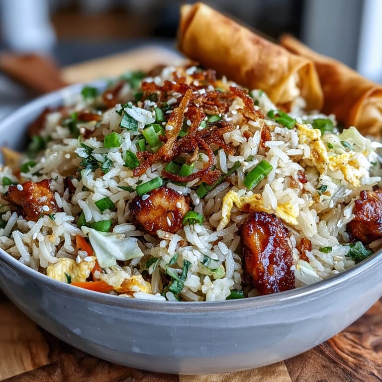 Close-up of savory Crispy Chicken Fried Rice with Egg Roll Flavors featuring minced chicken and crispy fried onion toppings.