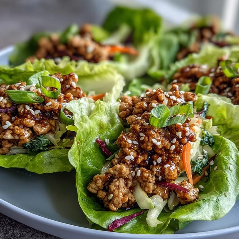Juicy chicken and cabbage filling steaming in fresh lettuce boats, topped with toasted sesame seeds and vibrant purple cabbage shreds. Potsticker-Inspired Chicken Lettuce Boats arranged on a white plate ready to be enjoyed.