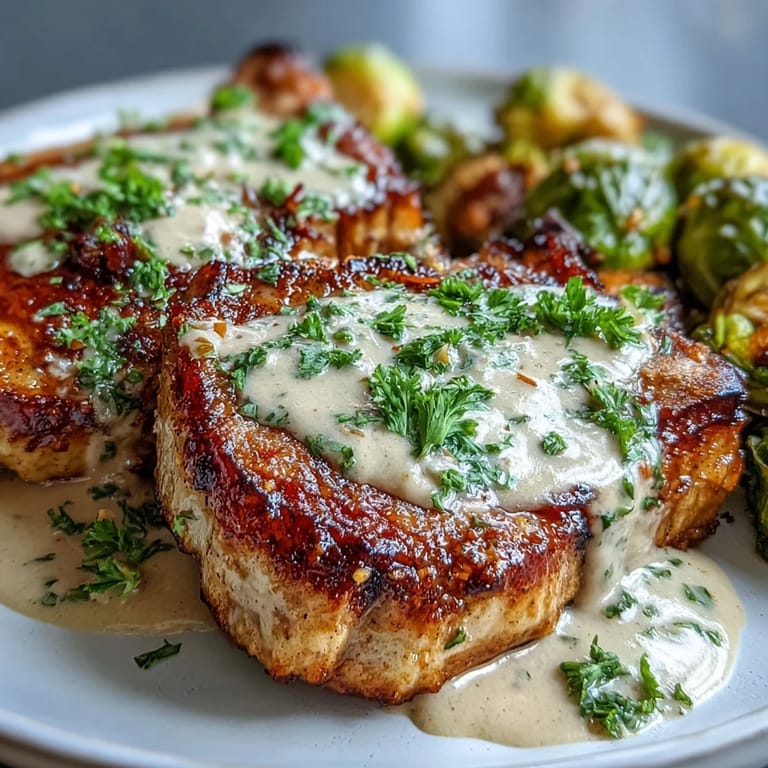 Perfectly seared pork chops with creamy Dijon sauce and oven-roasted Brussels sprouts make an easy low-carb dinner.