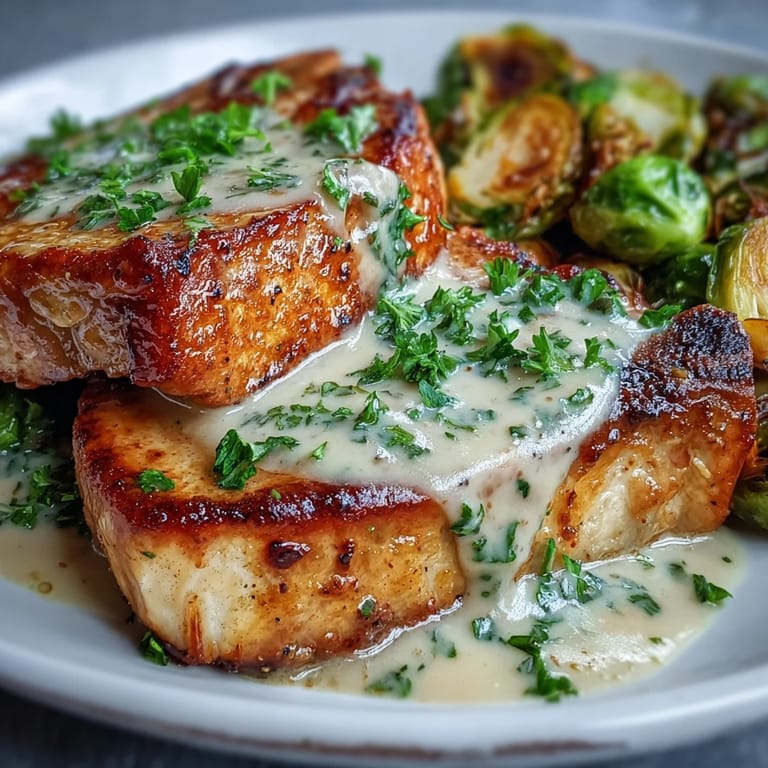 Succulent low-carb pork chops topped with tangy Dijon cream sauce paired with crunchy roasted Brussels sprouts on a plate.