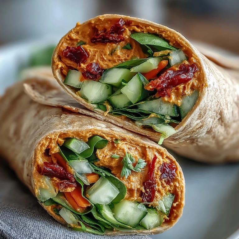 Close-up of a sliced Vegan Sun-Dried Tomato Hummus Veggie Wrap, revealing crunchy carrots, cucumbers, and spinach inside.