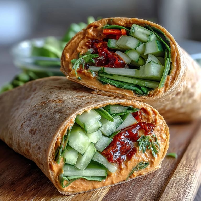 Freshly rolled Vegan Sun-Dried Tomato Hummus Veggie Wraps on a plate, ready for a quick healthy lunch.