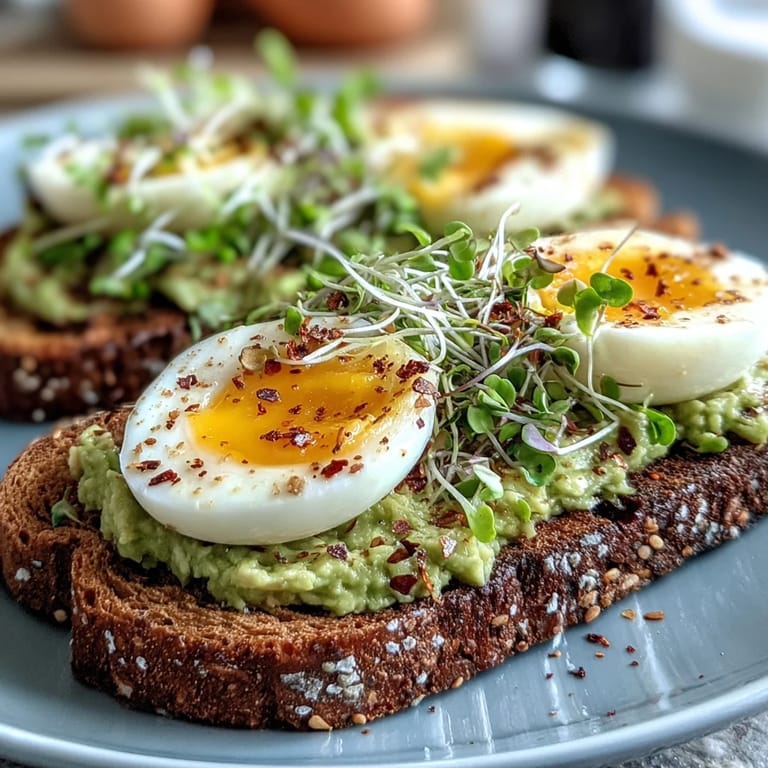 Bright morning plate of Clean Eating Avocado Toast with Soft-Boiled Egg and Microgreens, served with red pepper flakes and extra virgin olive oil.