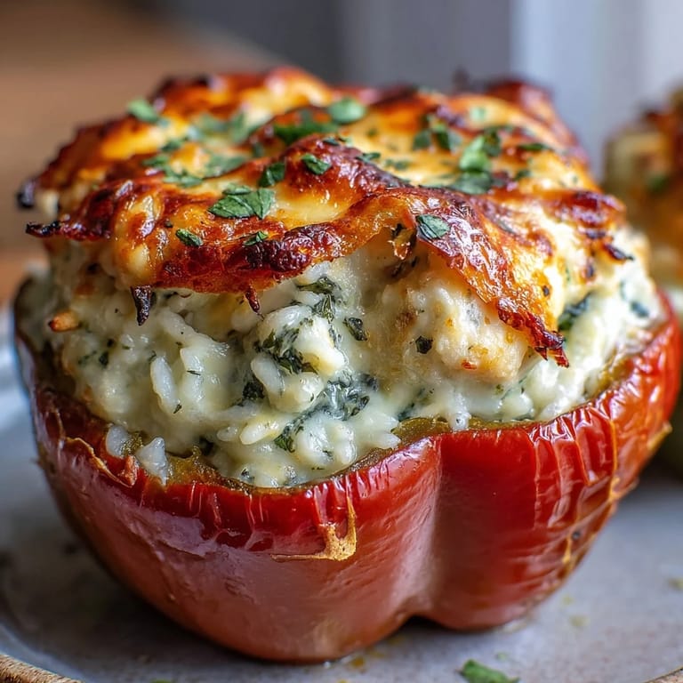 Four vibrant bell peppers stuffed with garlic chicken, rice, and rich cheese sauce.