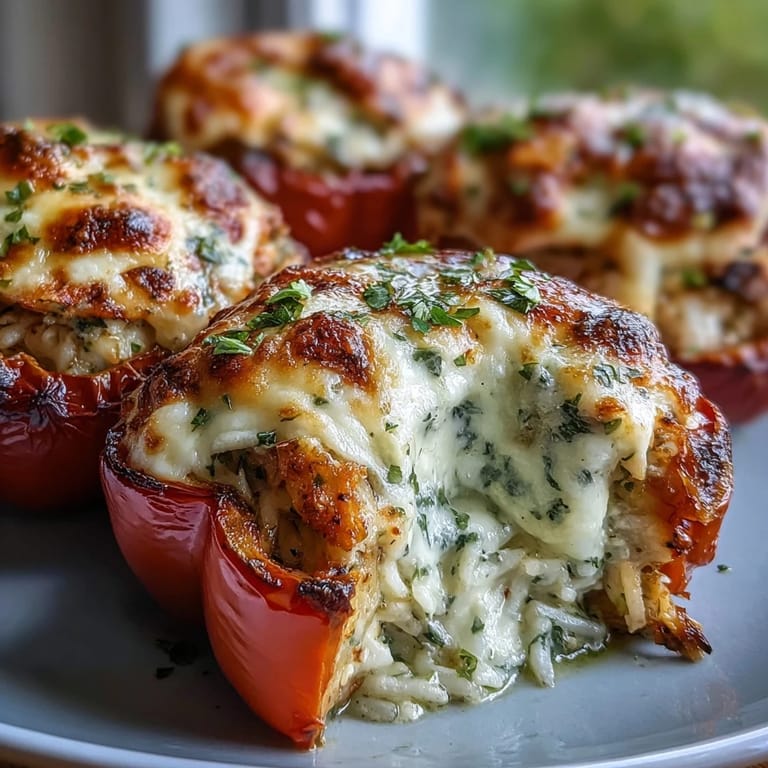 Bubbling Garlic Parmesan Chicken Stuffed Peppers topped with melted mozzarella and fresh parsley.