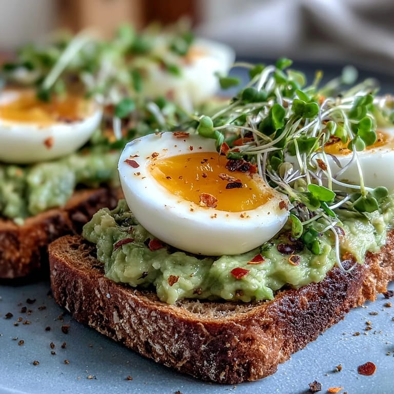 A close-up of Clean Eating Avocado Toast with Soft-Boiled Egg and Microgreens, featuring halved egg, lemony avocado, and vibrant microgreens on rustic toast.