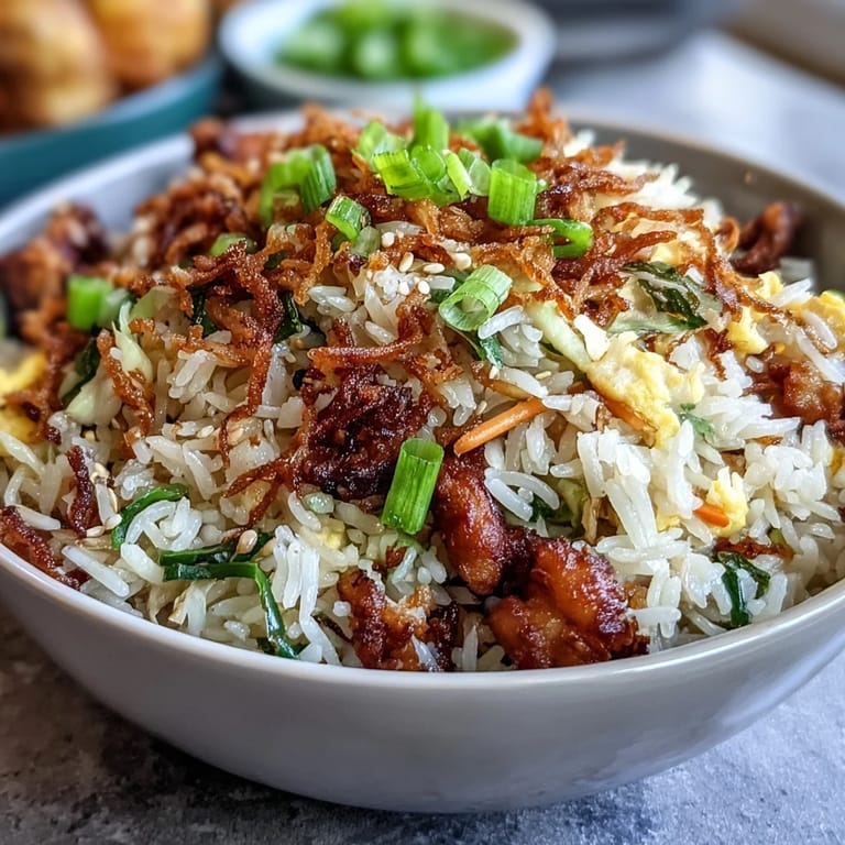 Close-up of savory Crispy Chicken Fried Rice with Egg Roll Flavors featuring minced chicken and crispy fried onion toppings.