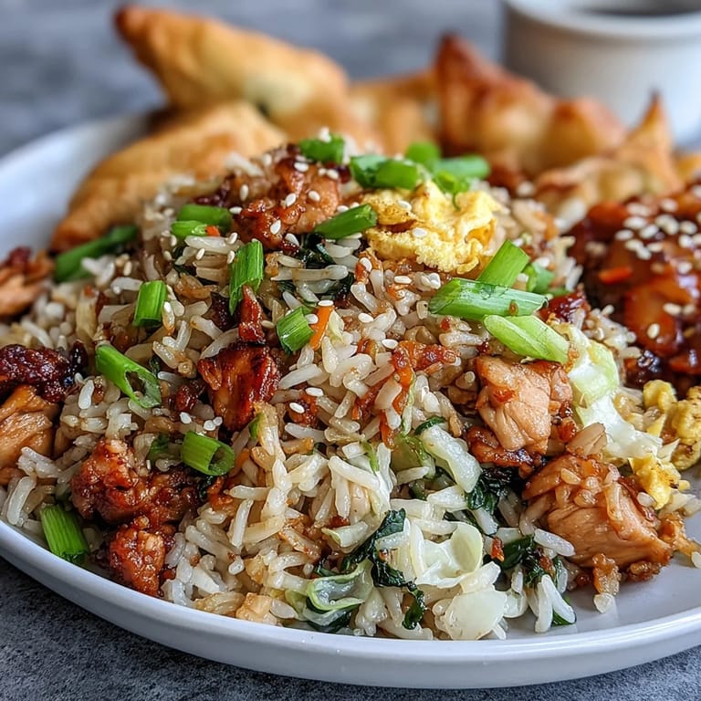 Fork-ready Crispy Chicken Fried Rice with Egg Roll Flavors displaying vibrant cabbage, carrots, and scrambled egg ribbons for dinner.  