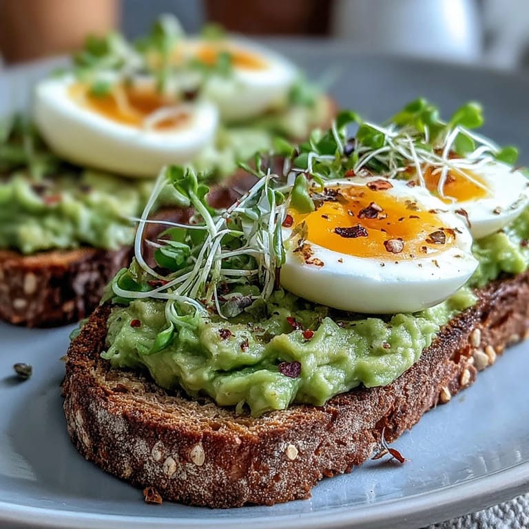 Bright morning plate of Clean Eating Avocado Toast with Soft-Boiled Egg and Microgreens, served with red pepper flakes and extra virgin olive oil.