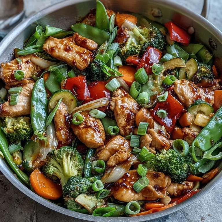 Crisp-tender High-Protein Chicken and Veggie Stir-Fry plated, garnished with spring onions and ready to enjoy.