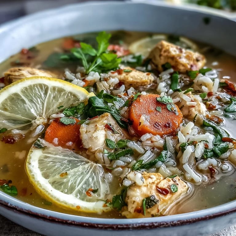 Hearty and zesty one-pot lemon chicken rice soup filled with tender chicken, fluffy rice, and colorful vegetables in a savory broth.
