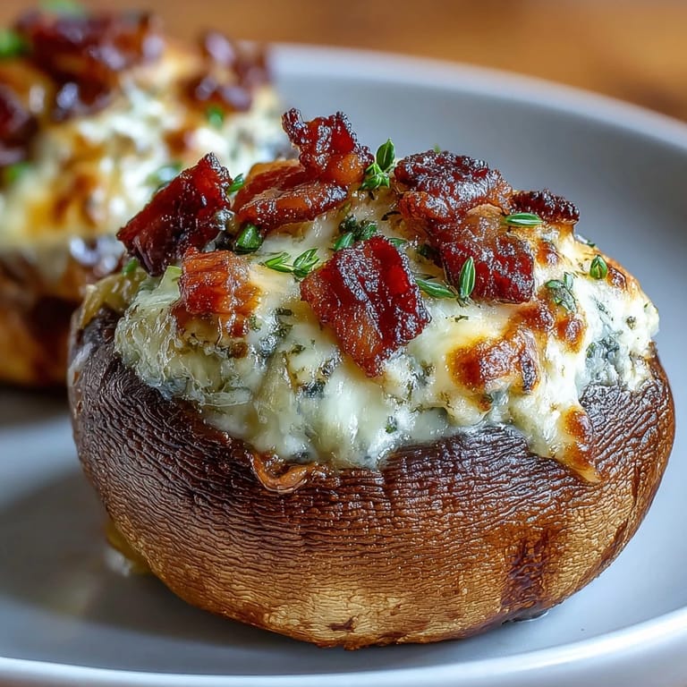3. Golden-baked mushrooms stuffed with smoky bacon, melted cheese, and garlic, offering a flavorful low-carb bite for any occasion.