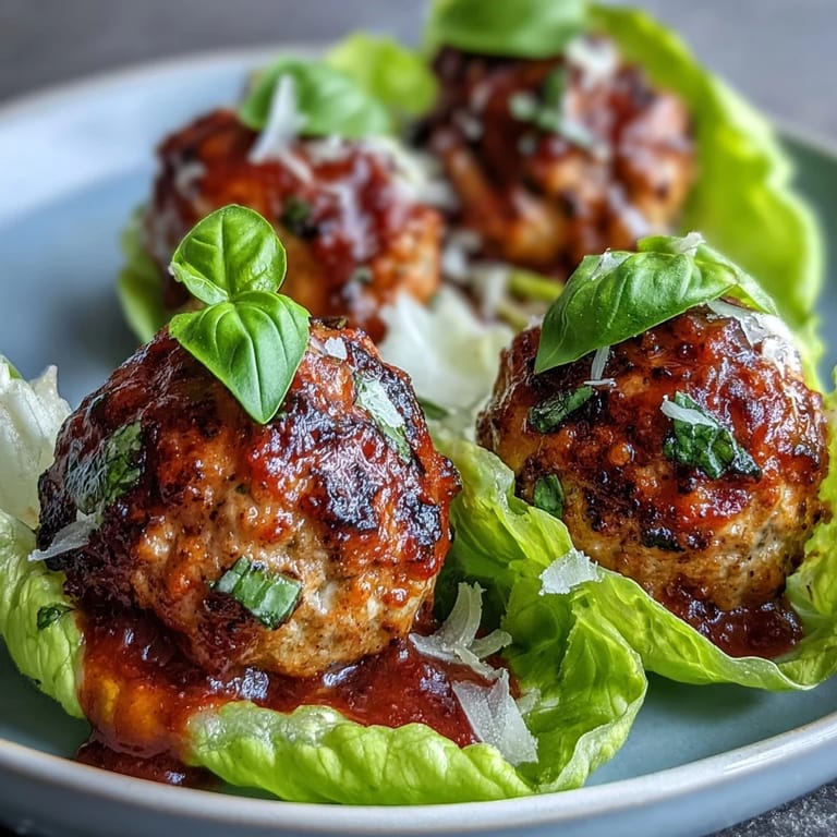 Healthy turkey meatballs served in lettuce wraps with rich, flavorful marinara for a light meal.