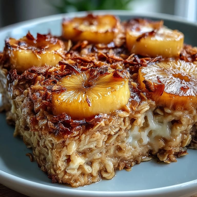 Warm vegan oatmeal bake filled with pineapple, banana, and coconut, perfect for a hearty tropical breakfast or brunch.