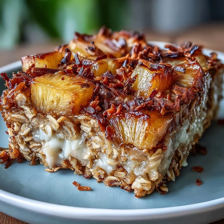 Hearty vegan oatmeal bake featuring pineapple, coconut, and banana, baked to golden perfection and ready for a nutritious start to the day.