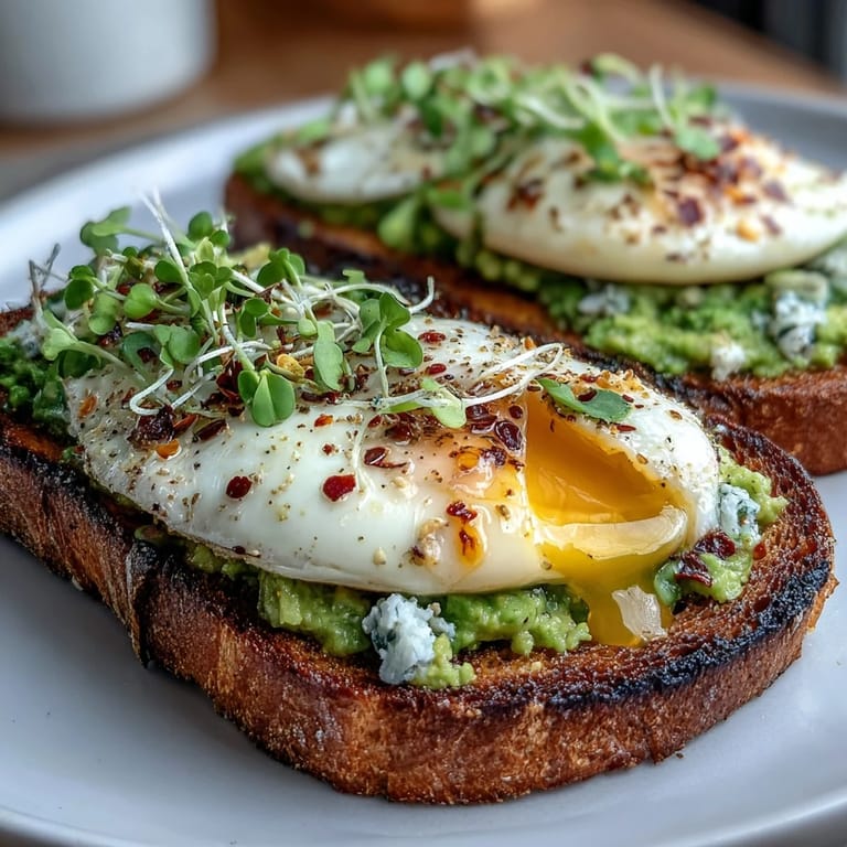 Vibrant open-faced toast with ripe avocado, microgreens, and soft-boiled egg, drizzled with olive oil and chili flakes for a spicy breakfast treat.