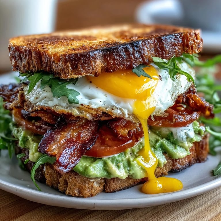Crispy bacon, ripe avocado, and juicy tomato slices rest on golden sourdough, topped with a perfectly runny egg.