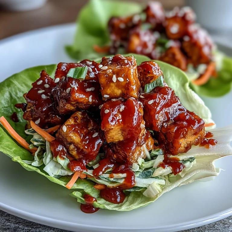 Golden tofu cubes tossed in sweet chili glaze, served in fresh lettuce leaves and topped with crunchy red cabbage and carrot slaw. A refreshing plant-based appetizer.