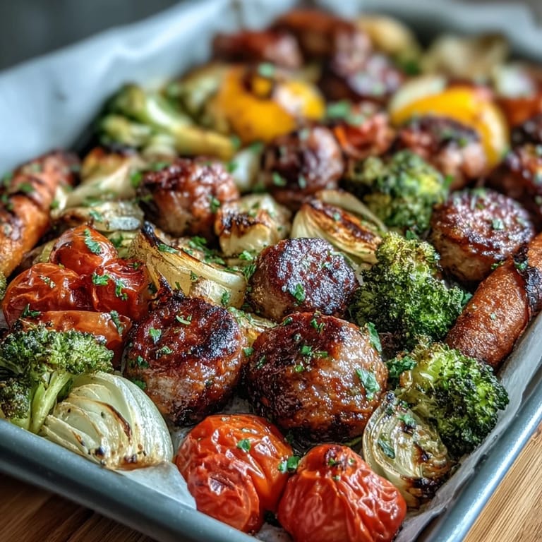 Easy sheet pan rainbow veggie and sausage bake with smoky paprika, oregano, and perfectly roasted seasonal vegetables.