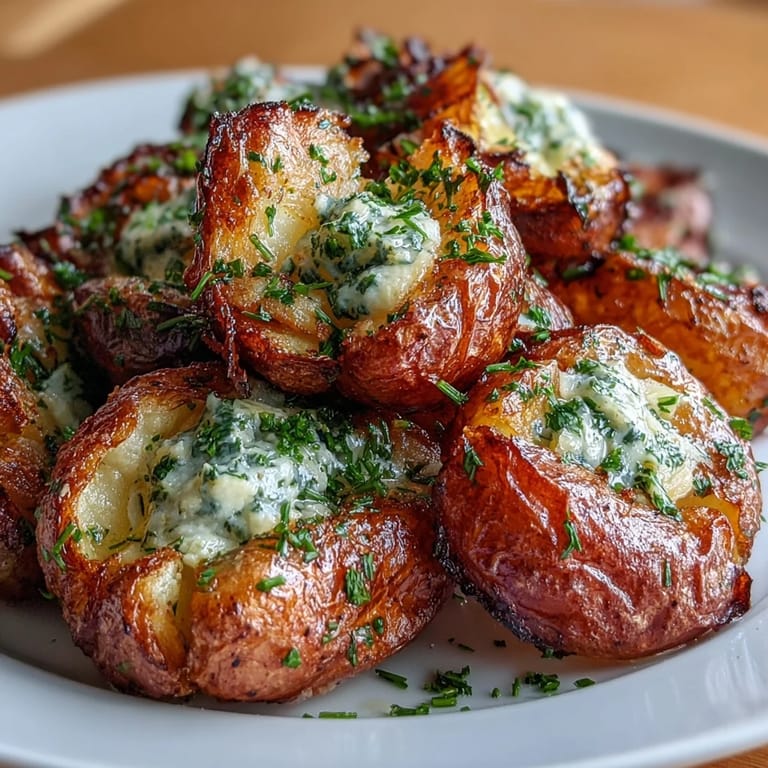 Golden smashed potatoes topped with fresh parsley, chives, and thyme, baked to a crispy, savory perfection.