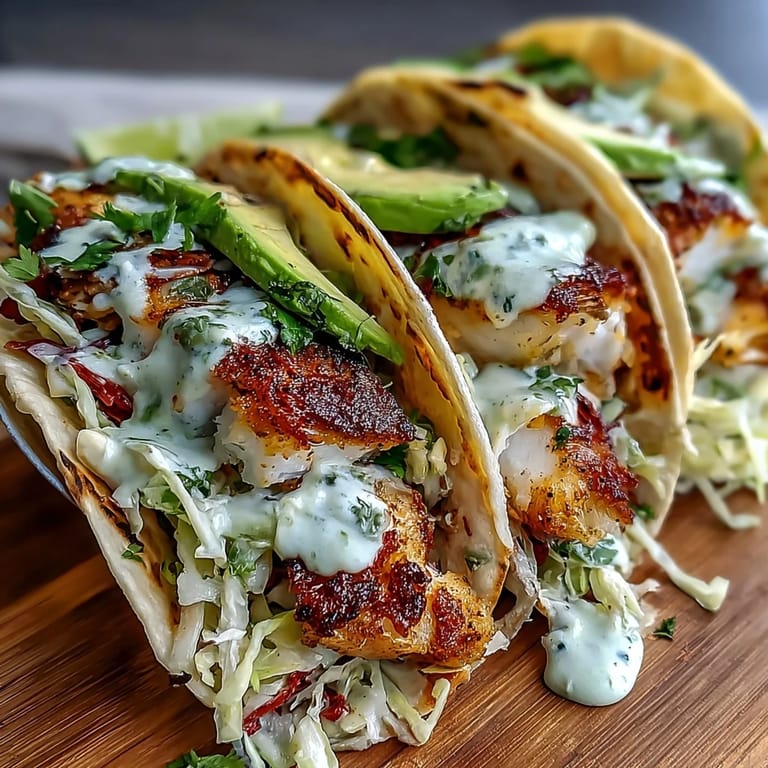 Crispy pan-seared fish tacos topped with vibrant cilantro lime crema, shredded cabbage, and fresh avocado for a bright, zesty meal.