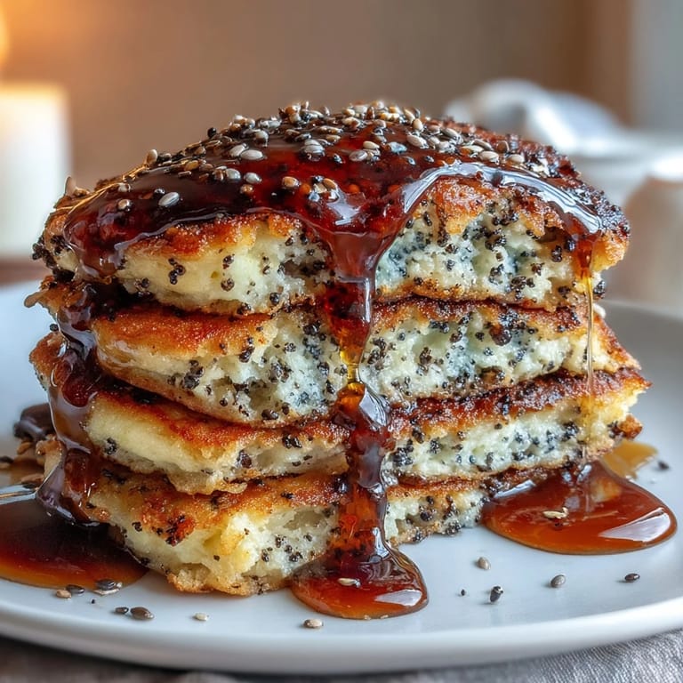 Golden pancakes speckled with black sesame seeds, topped with maple syrup and fresh berries for a delightful morning treat.