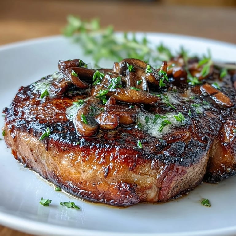 Pan-seared steak crowned with a decadent wild mushroom and garlic butter crust, delivering a restaurant-quality, gluten-free main dish.