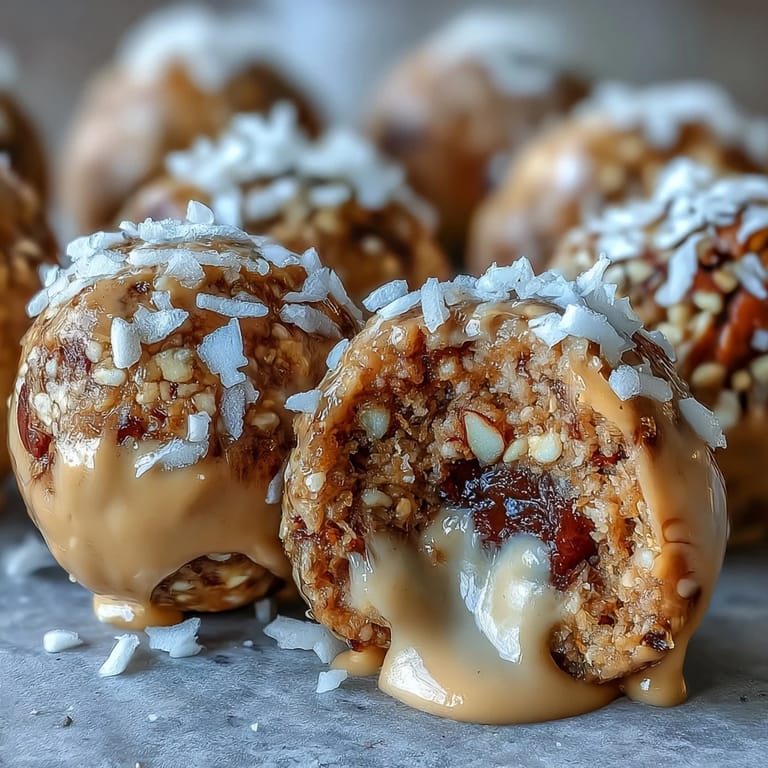 Middle Eastern-inspired energy balls with tahini, dates, and walnuts, rolled in coconut for extra flavor and texture.