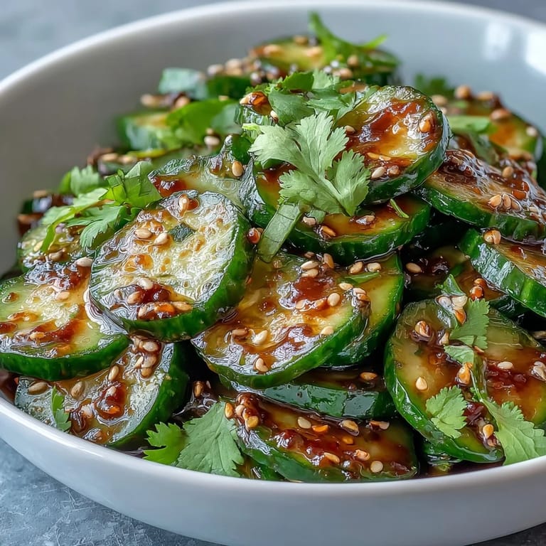 Crunchy cucumber salad tossed in a savory soy-sesame dressing, garnished with toasted sesame seeds and fresh herbs for an Asian-inspired side.