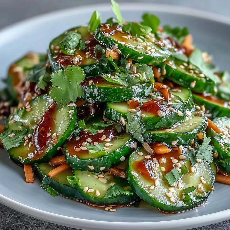 Light and refreshing cucumber salad with soy dressing, combining cool cucumbers, zesty ginger, and toasted sesame for a perfect vegan appetizer.