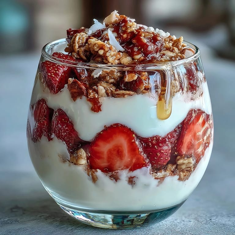 Colorful parfait bar featuring layers of Greek yogurt, sliced strawberries, and assorted toppings for a festive Galentines celebration.