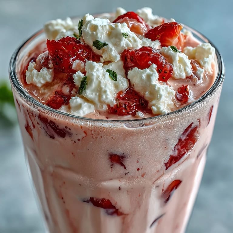 High-protein cottage cheese strawberry smoothie with a thick, velvety texture, perfect for a nutritious breakfast or post-workout treat.  